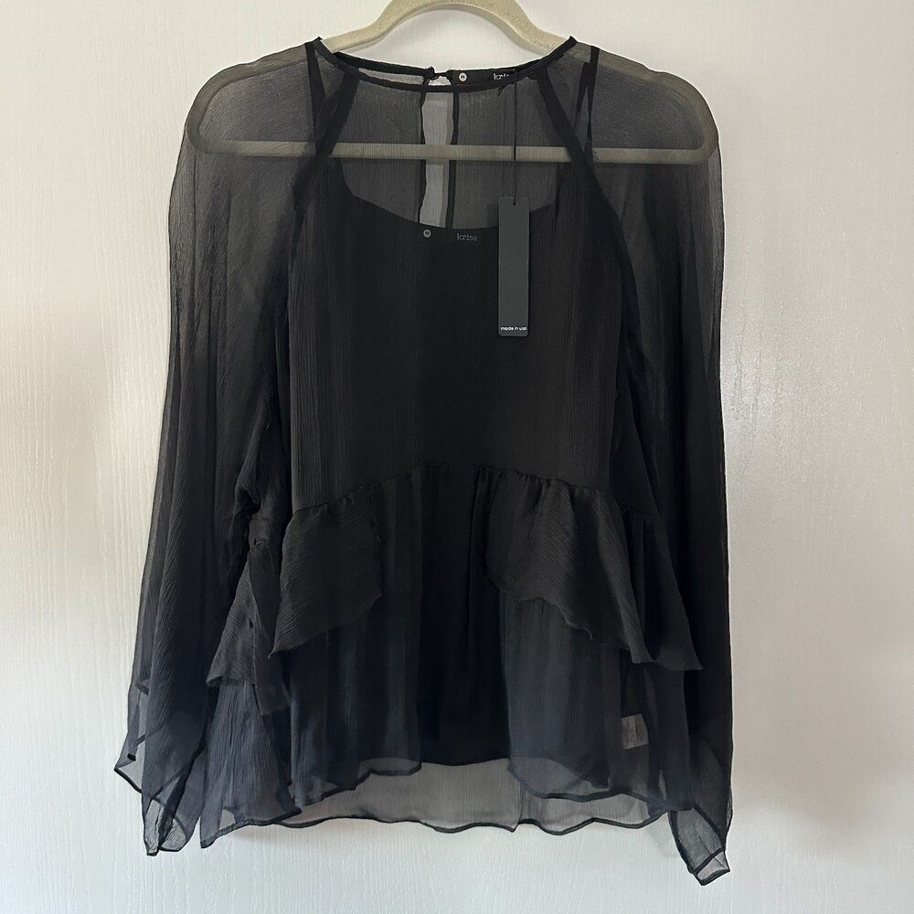 NWT Krisa Revolve‎ Black Sheer Ruffled Soft Flowy Blouse Size Medium